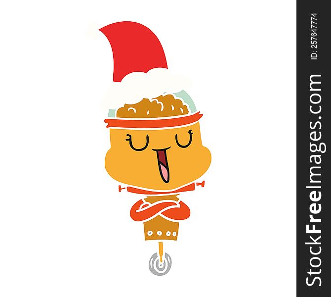 happy hand drawn flat color illustration of a robot wearing santa hat. happy hand drawn flat color illustration of a robot wearing santa hat