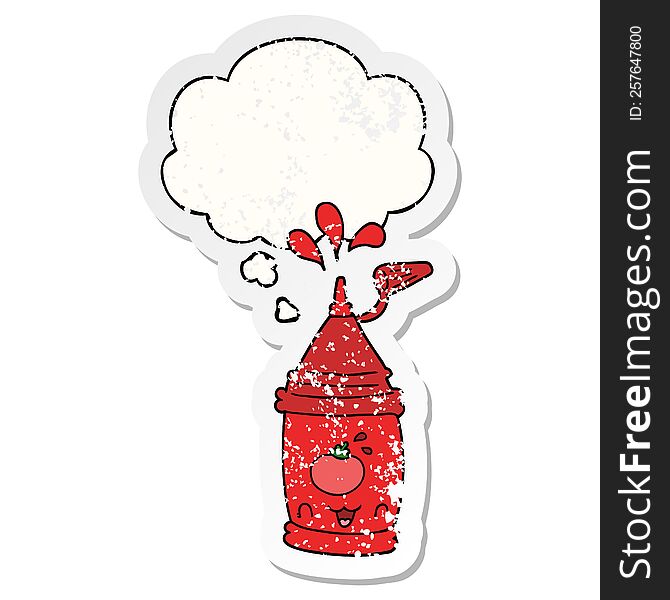 Cartoon Ketchup Bottle And Thought Bubble As A Distressed Worn Sticker