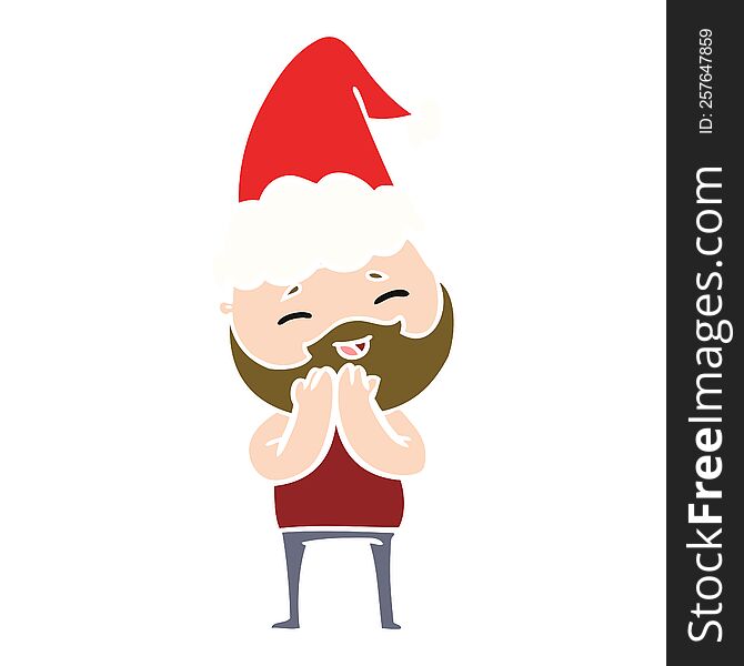 Flat Color Illustration Of A Happy Bearded Man Wearing Santa Hat