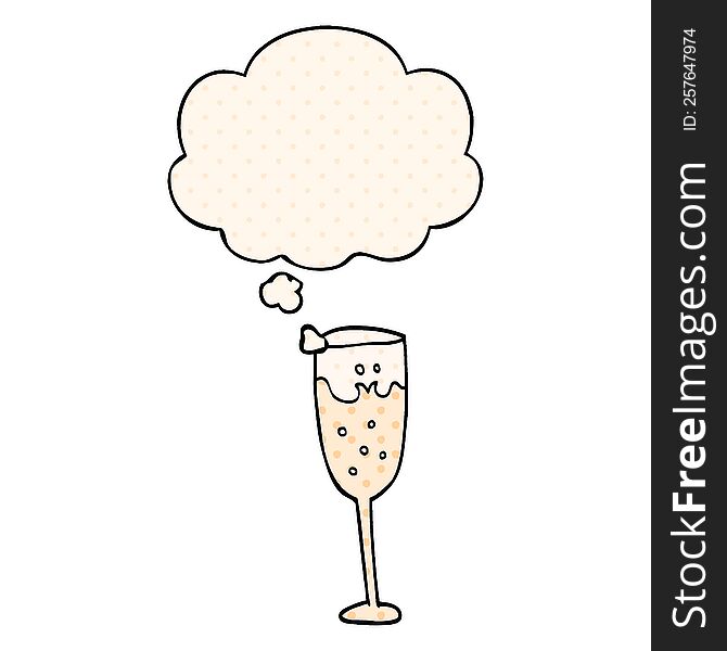 cartoon champagne glass and thought bubble in comic book style