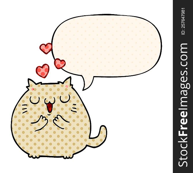 cute cartoon cat in love and speech bubble in comic book style