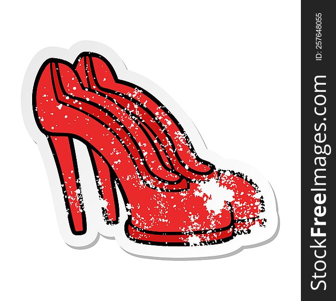 distressed sticker of a cartoon red shoes