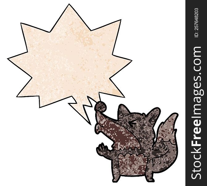 Cartoon Halloween Werewolf Howling And Speech Bubble In Retro Texture Style