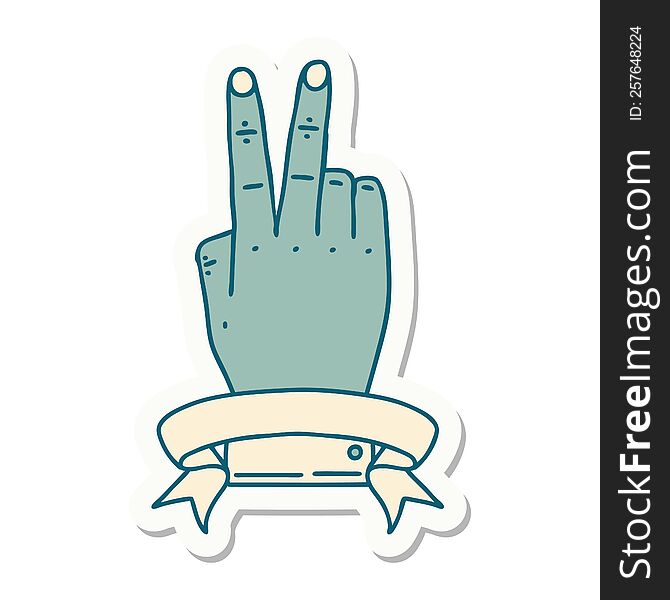 sticker of a victory v hand gesture with banner. sticker of a victory v hand gesture with banner