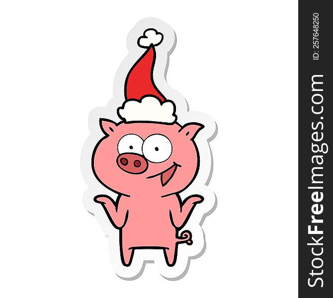 hand drawn sticker cartoon of a pig with no worries wearing santa hat