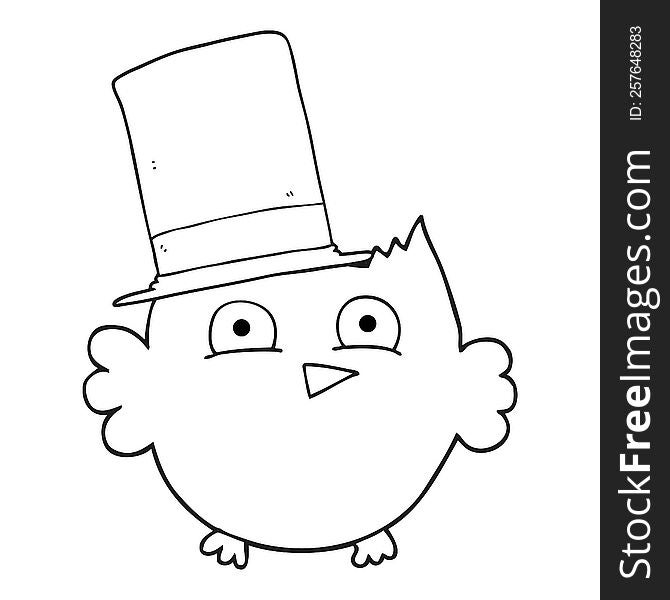 Black And White Cartoon Little Owl With Top Hat