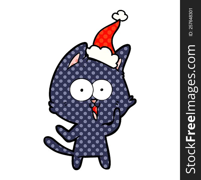 funny hand drawn comic book style illustration of a cat wearing santa hat. funny hand drawn comic book style illustration of a cat wearing santa hat