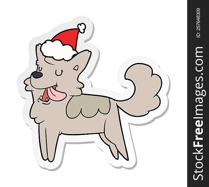 Sticker Cartoon Of A Happy Dog Wearing Santa Hat