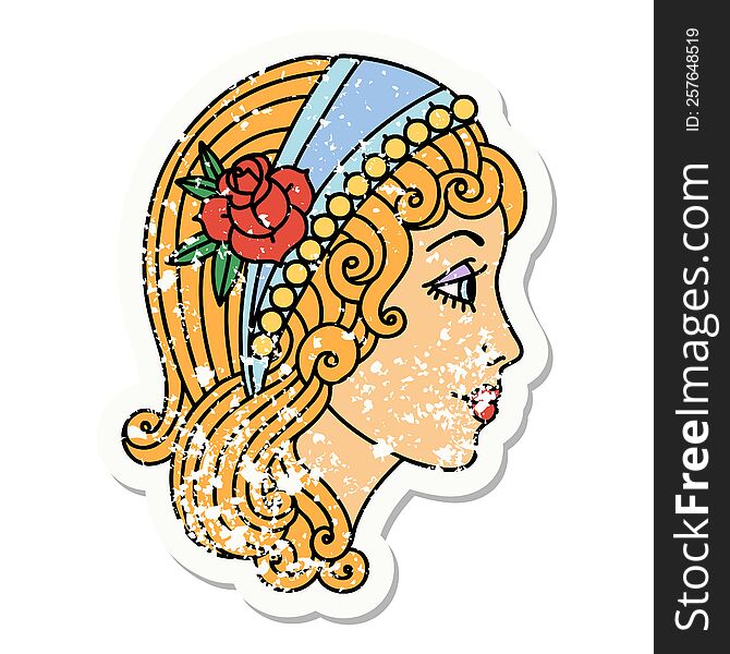 Traditional Distressed Sticker Tattoo Of A Gypsy Head