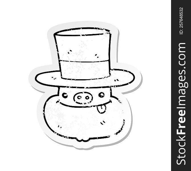 Distressed Sticker Of A Cartoon Pig Wearing Top Hat