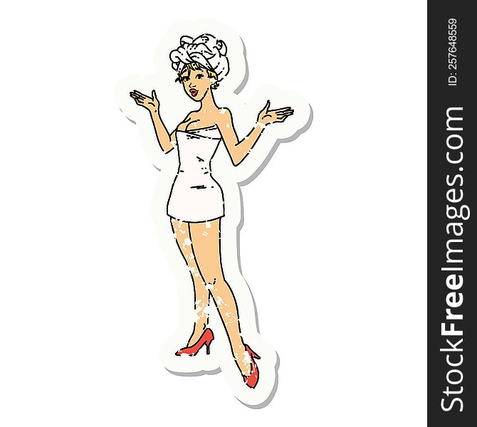 distressed sticker tattoo in traditional style of a pinup girl in towels. distressed sticker tattoo in traditional style of a pinup girl in towels