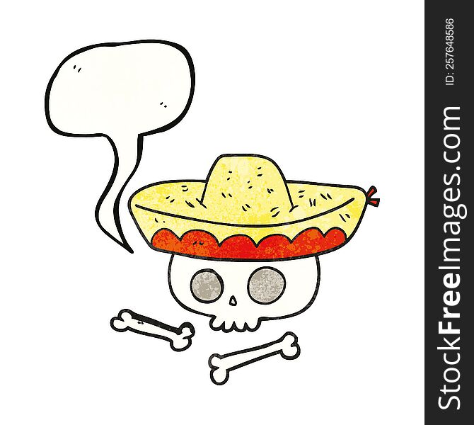 freehand speech bubble textured cartoon skull in mexican hat