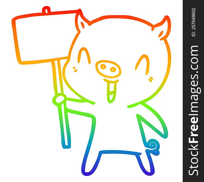 Rainbow Gradient Line Drawing Happy Cartoon Pig With Sign Post