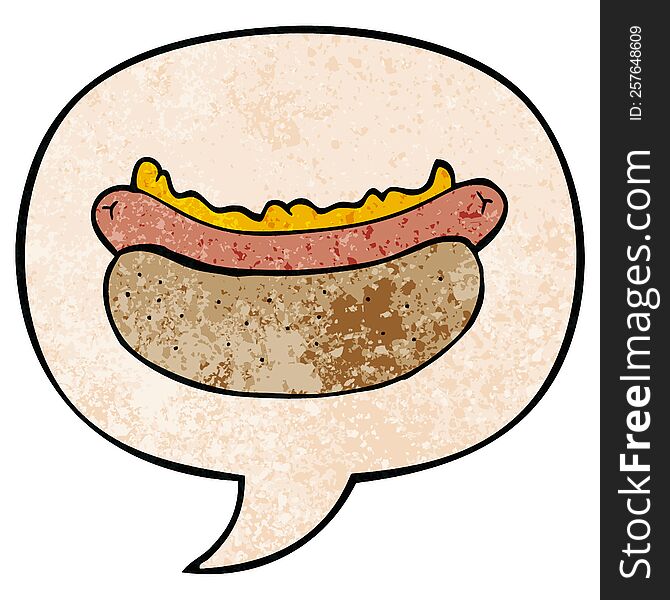 cartoon hotdog with speech bubble in retro texture style