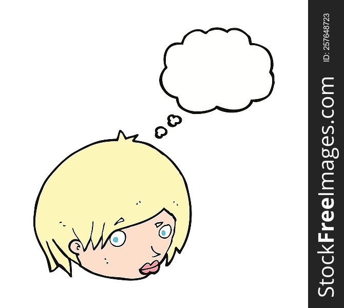 cartoon female face with raised eyebrow with thought bubble