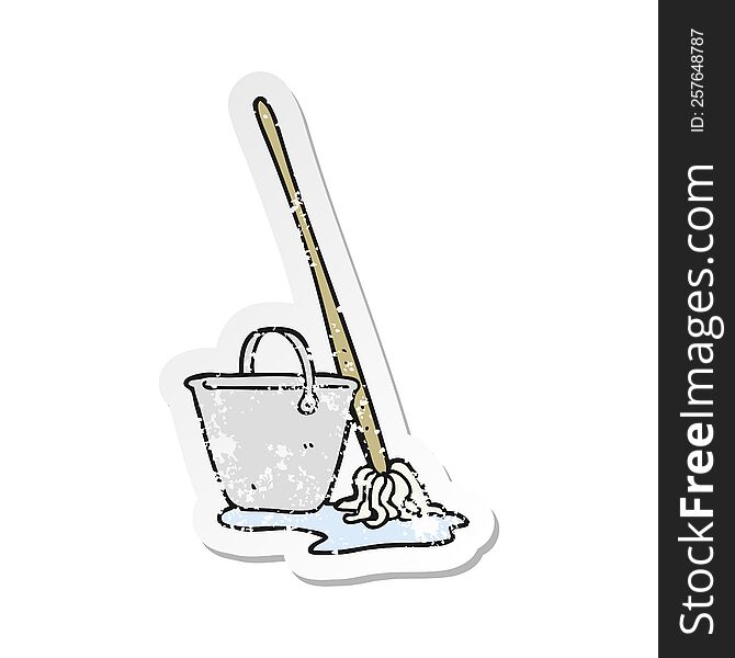 retro distressed sticker of a cartoon mop and bucket