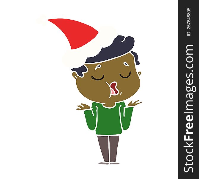 hand drawn flat color illustration of a man talking and shrugging shoulders wearing santa hat