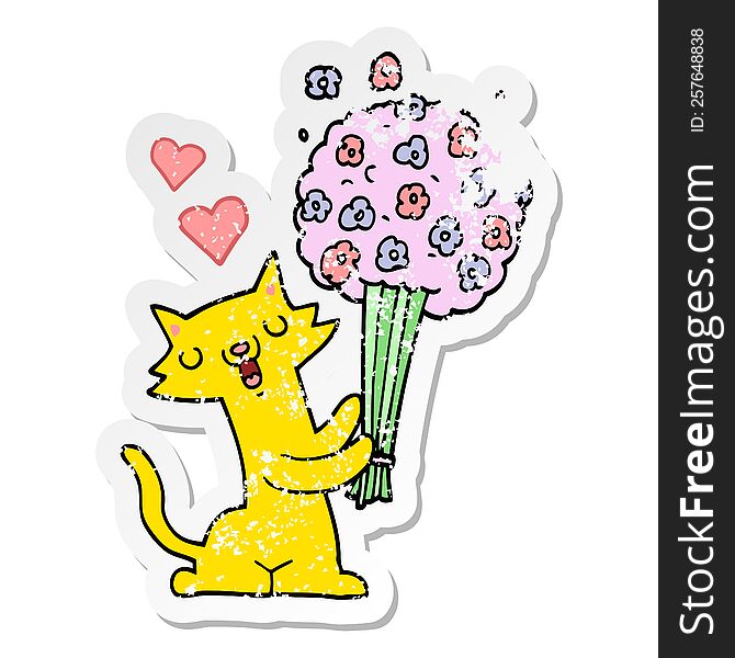 distressed sticker of a cartoon cat in love with flowers