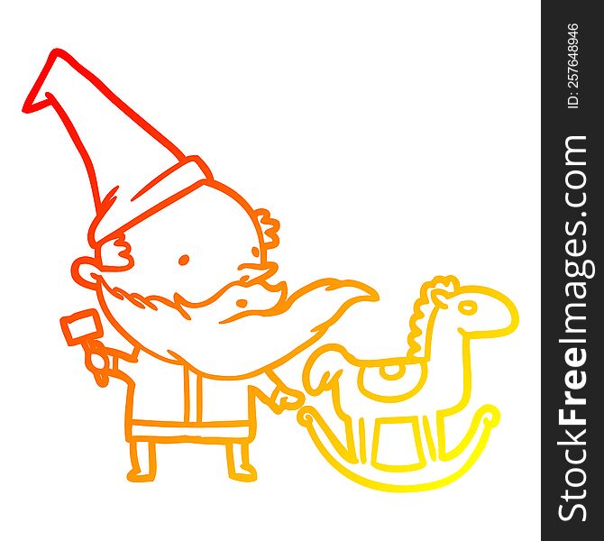 Warm Gradient Line Drawing Santa (or Elf) Making A Rocking Horse