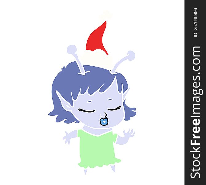 Cute Alien Girl Flat Color Illustration Of A Wearing Santa Hat