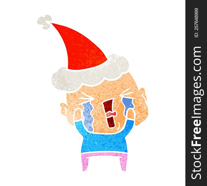 Retro Cartoon Of A Crying Bald Man Wearing Santa Hat