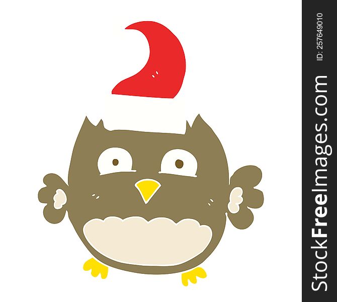 Flat Color Illustration Of A Cartoon Owl Wearing Christmas Hat