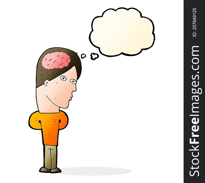 Cartoon Man With Big Brain With Thought Bubble
