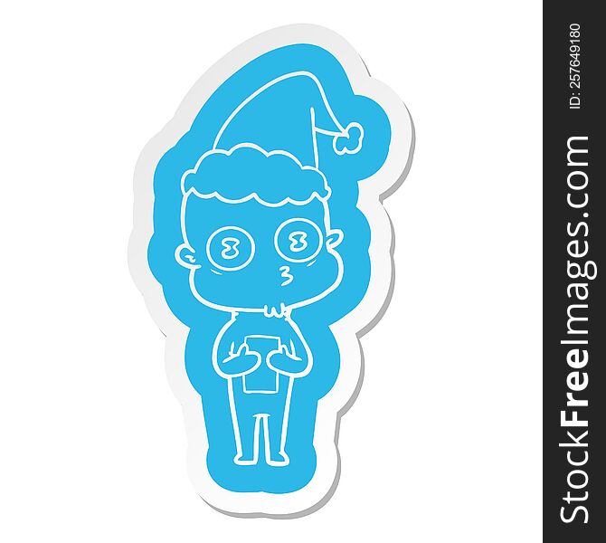 quirky cartoon  sticker of a weird bald spaceman wearing santa hat