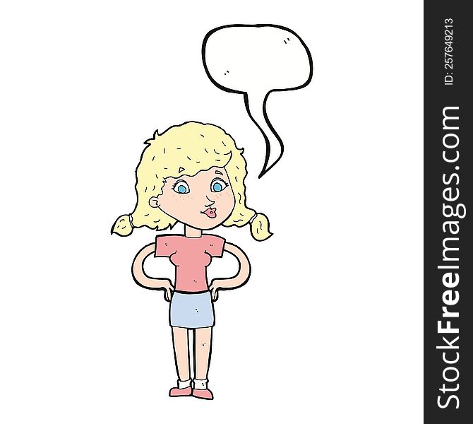 Cartoon Pretty Girl With Hands On Hips With Speech Bubble