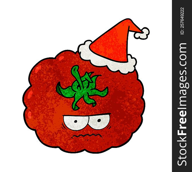hand drawn textured cartoon of a angry tomato wearing santa hat