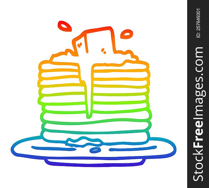 rainbow gradient line drawing of a cartoon butter melting on pancakes