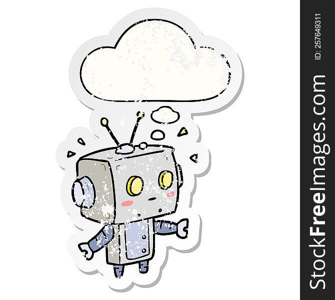cartoon robot with thought bubble as a distressed worn sticker