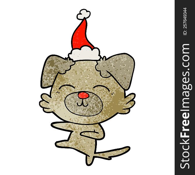 hand drawn textured cartoon of a dog kicking wearing santa hat