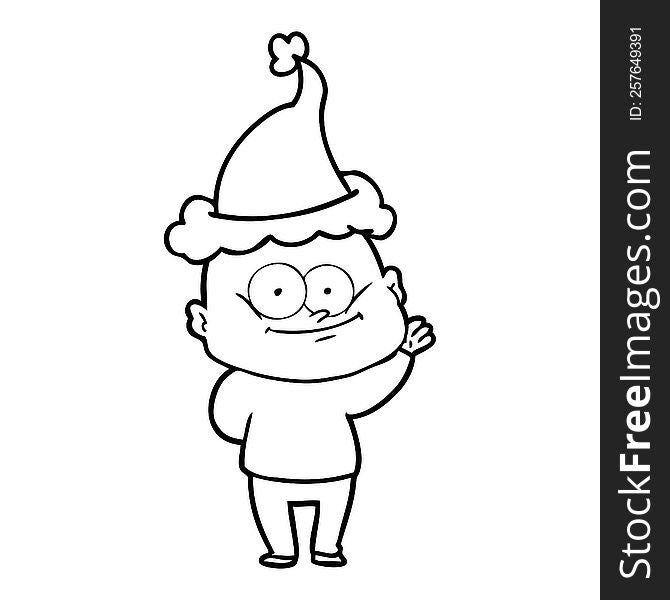 hand drawn line drawing of a bald man staring wearing santa hat