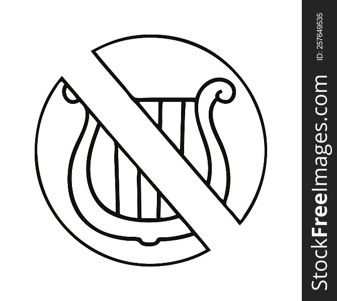 line drawing cartoon of a no harps allowed sign