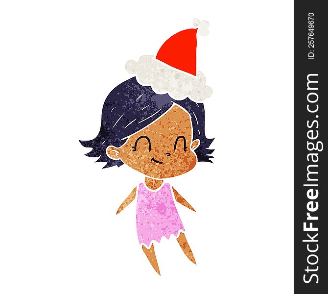 hand drawn retro cartoon of a friendly girl wearing santa hat