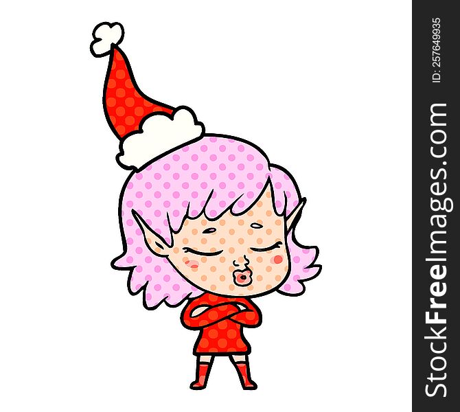 Pretty Comic Book Style Illustration Of A Elf Girl Wearing Santa Hat