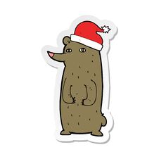 Sticker Of A Cartoon Bear In Xmas Hat Stock Photos