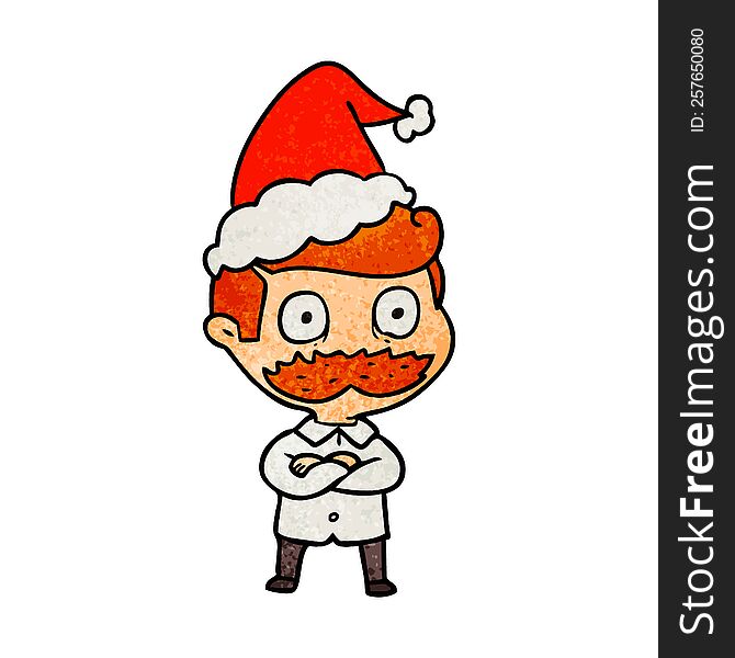 hand drawn textured cartoon of a man with mustache shocked wearing santa hat