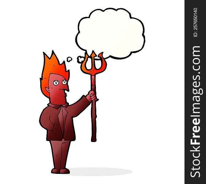 Cartoon Devil With Pitchfork With Thought Bubble