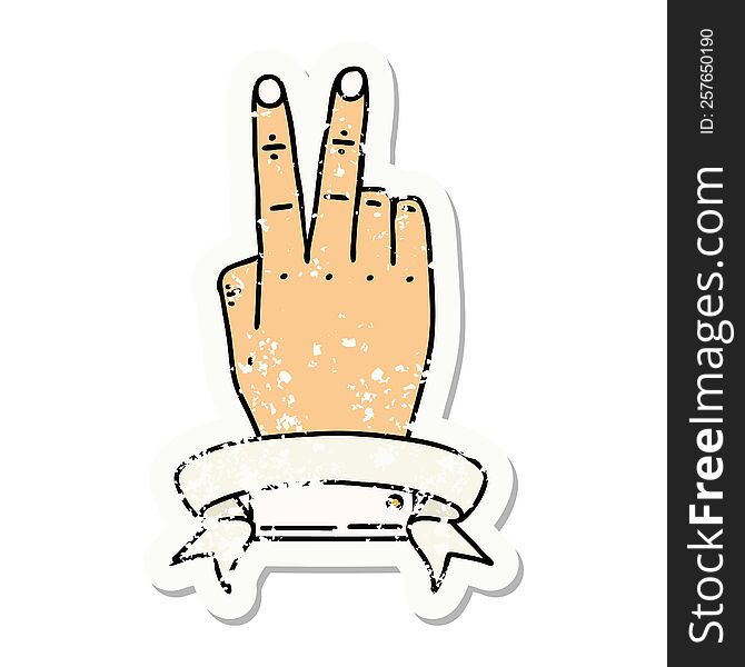 Retro Tattoo Style victory v hand gesture with banner. Retro Tattoo Style victory v hand gesture with banner