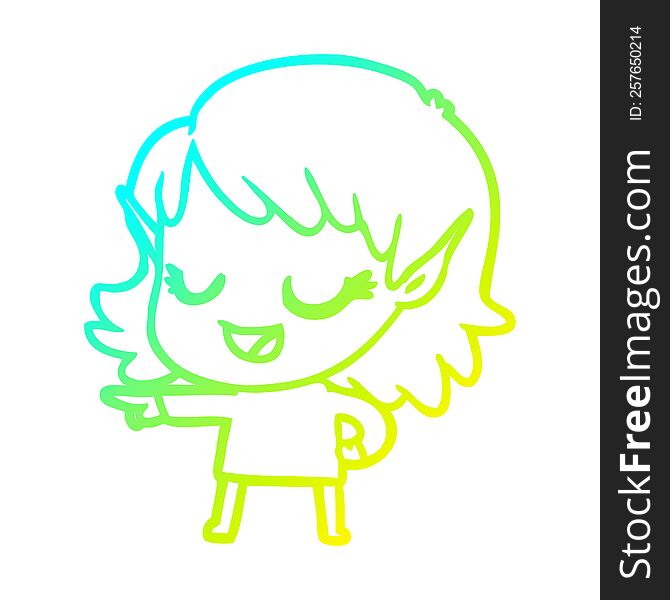 Cold Gradient Line Drawing Happy Cartoon Elf Girl Pointing
