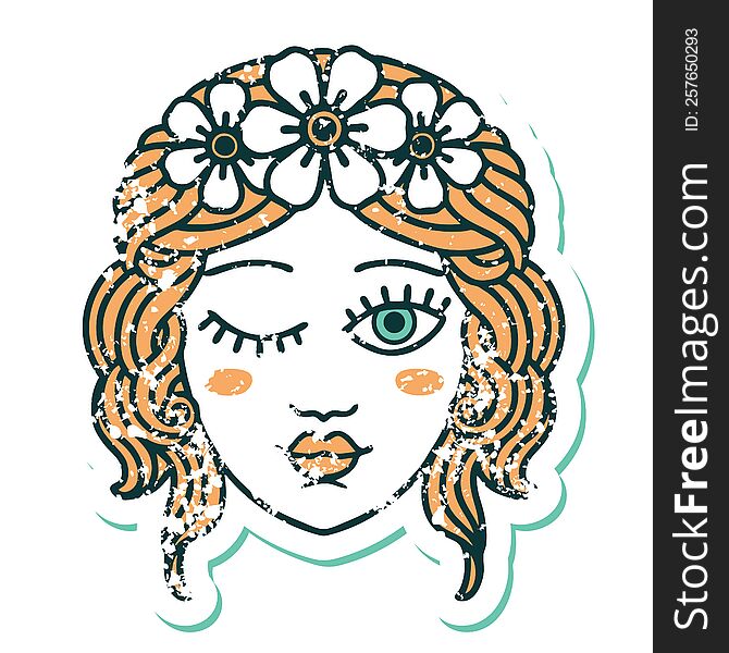 distressed sticker tattoo style icon of a maidens face winking