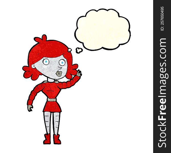 cartoon robot woman waving with thought bubble