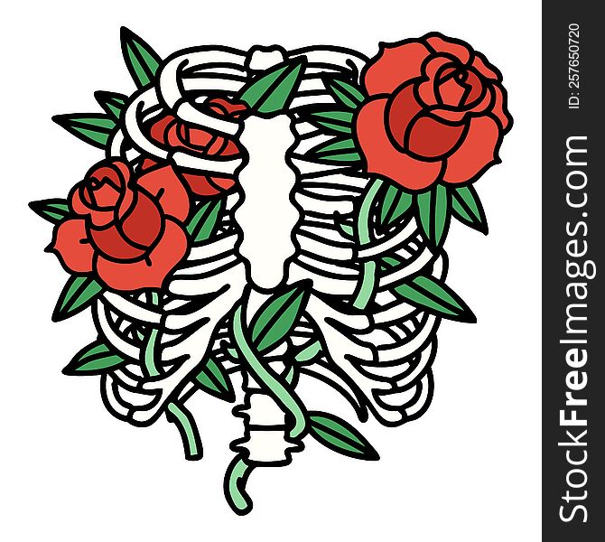 tattoo in traditional style of a rib cage and flowers. tattoo in traditional style of a rib cage and flowers