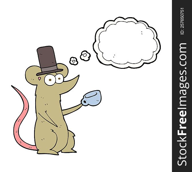 freehand drawn thought bubble cartoon mouse with cup and top hat