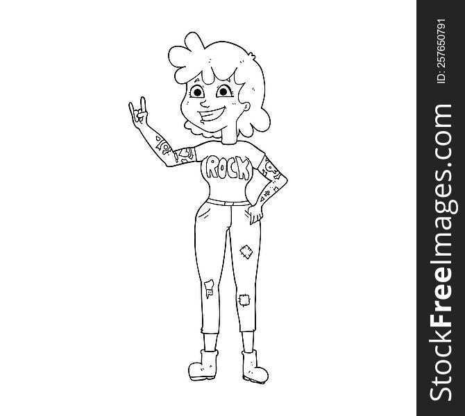 freehand drawn black and white cartoon rock girl