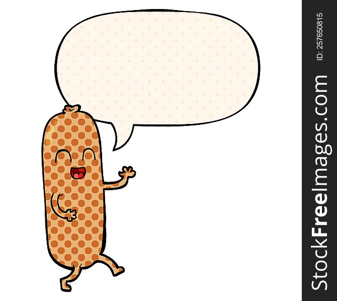 cartoon dancing sausage with speech bubble in comic book style