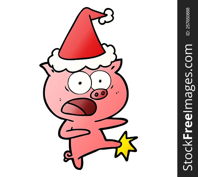 Gradient Cartoon Of A Pig Shouting And Kicking Wearing Santa Hat