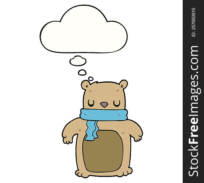 cartoon bear with scarf with thought bubble. cartoon bear with scarf with thought bubble